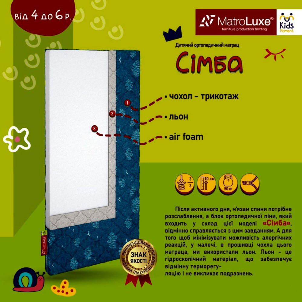 Матрац дитячий безпружинний Matroluxe Simba (Сімба) 60x120